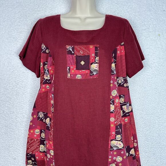 Island Attitudes L Red Patchwork Dress Fans Parasol Flora Linen Cotton Hawaii - Picture 3 of 12